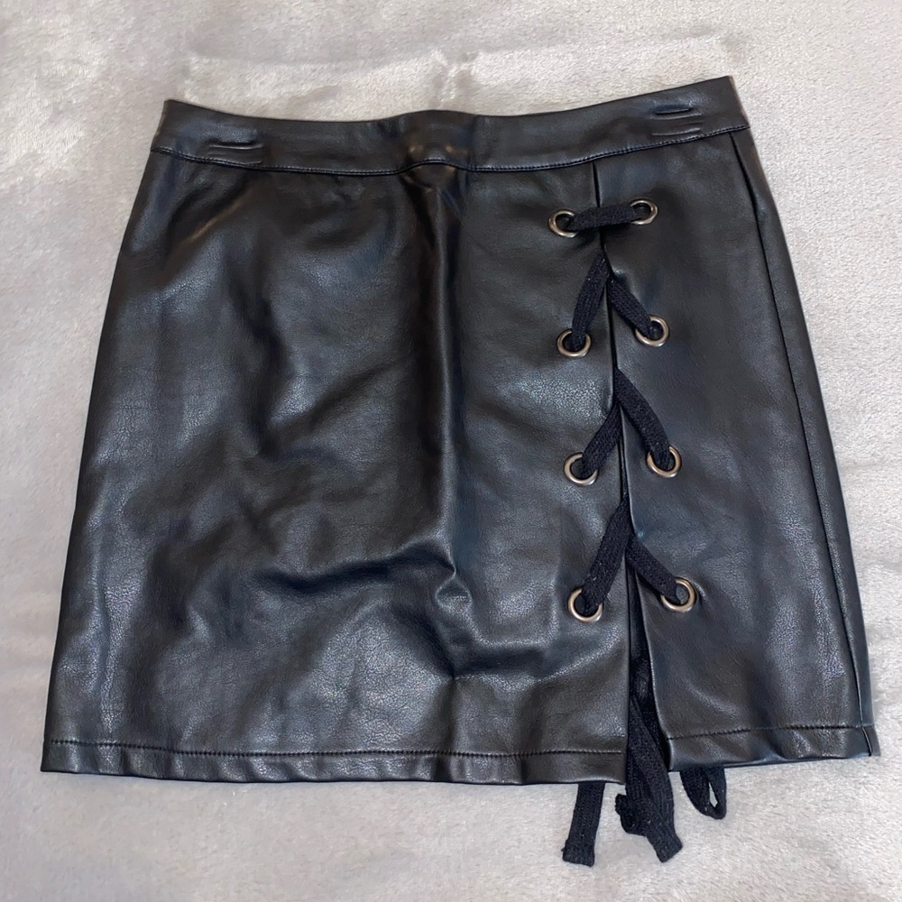 Black Faux Leather Skirt with Lace-Up Detail